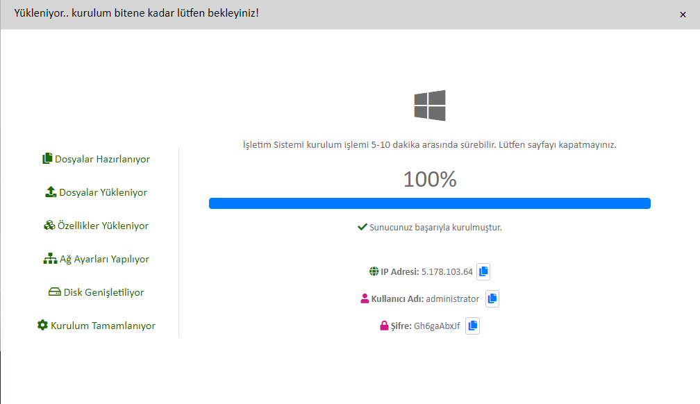 işletim sistemi kurma tamamlandı